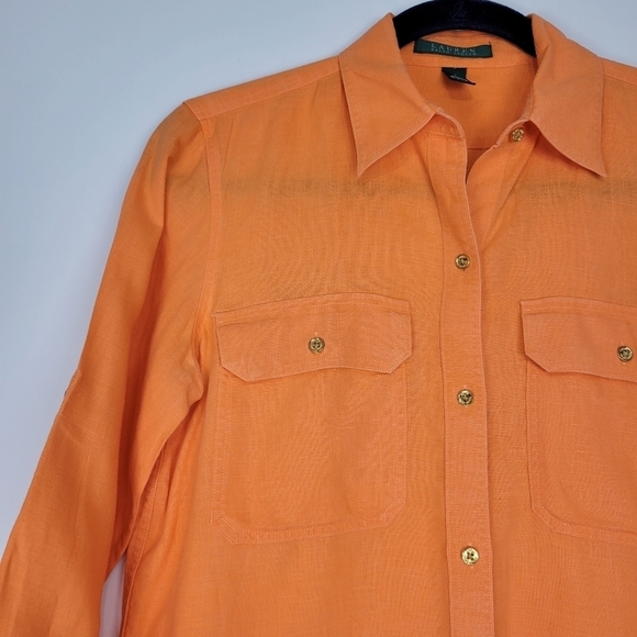 LAUREN Ralph Lauren Orange 100% Linen Gold Button Up Shirt Blouse Size Small - Picture 3 of 8